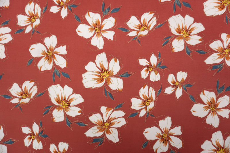Red-Orange-Multi Poly Floral Printed Double Brushed Jersey Knit Fabric