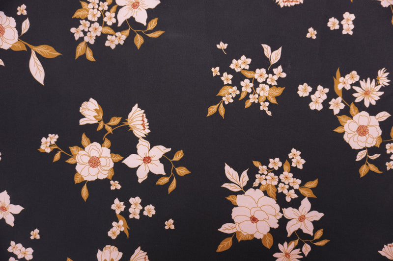 Black-Pink-Brown Poly Floral Double Brushed Jersey Knit Fabric