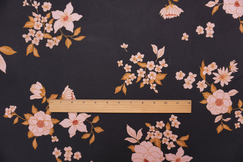 Black-Pink-Brown Poly Floral Double Brushed Jersey Knit Fabric