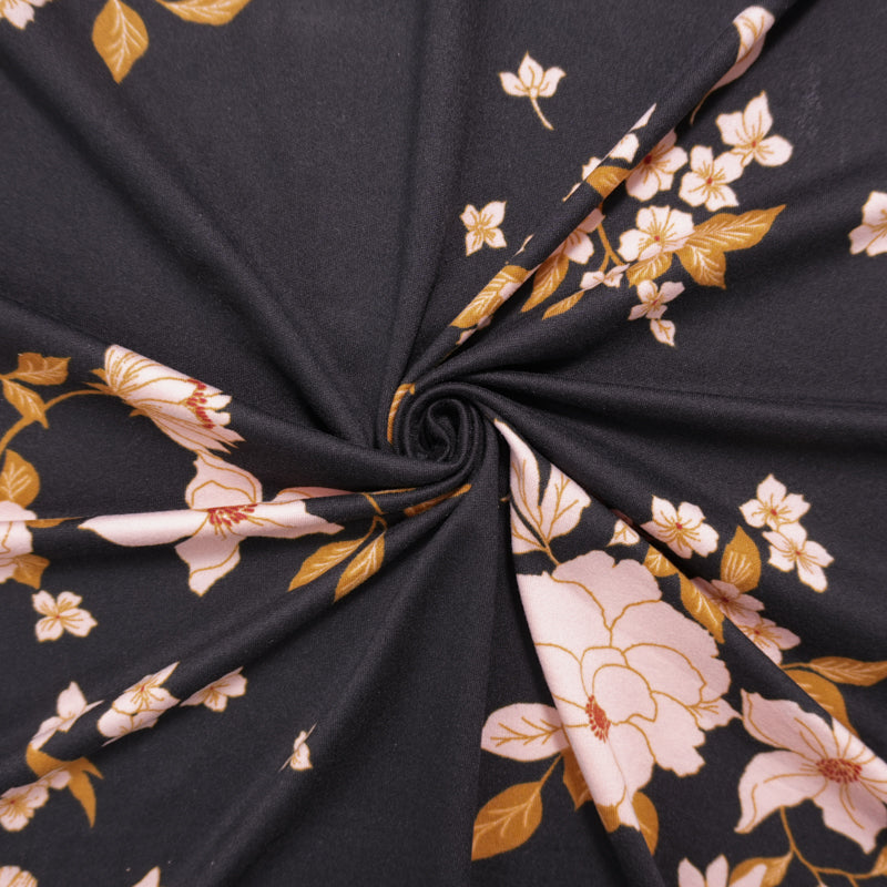 Black-Pink-Brown Poly Floral Double Brushed Jersey Knit Fabric