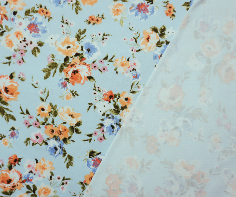 Blue-Pink-Multi Poly Floral Double Brushed Jersey Knit Fabric