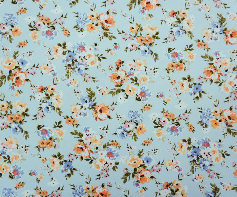 Blue-Pink-Multi Poly Floral Double Brushed Jersey Knit Fabric