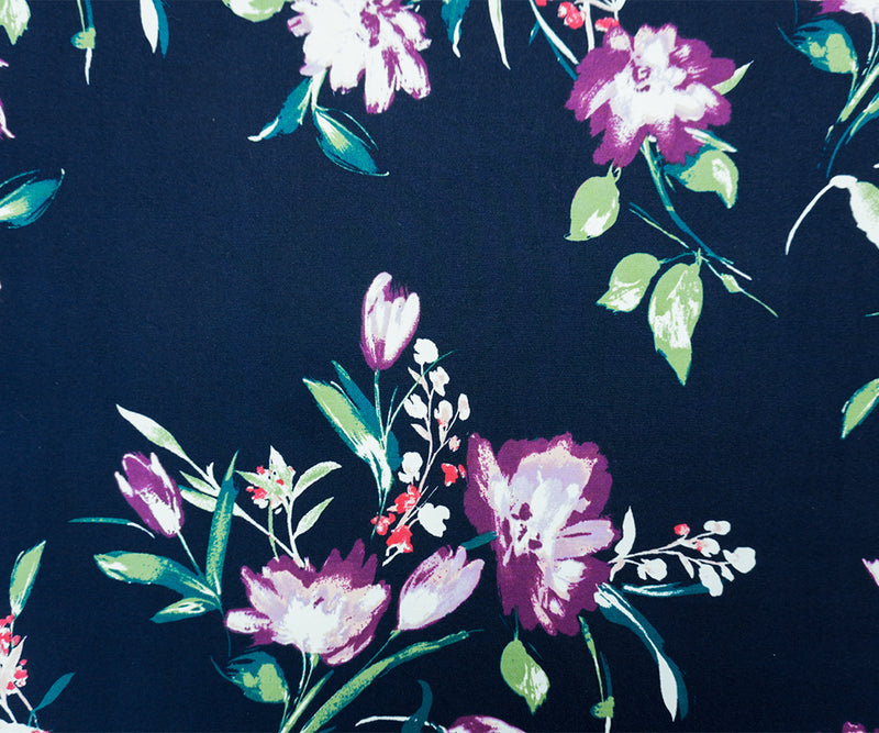 Navy-Purple-Multi Poly Floral Double Brushed Jersey Knit Fabric