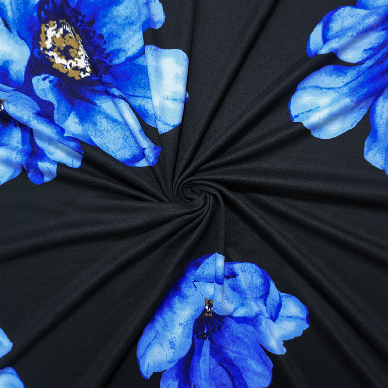 Black-Blue Poly Floral Double Brushed Jersey Knit Fabric