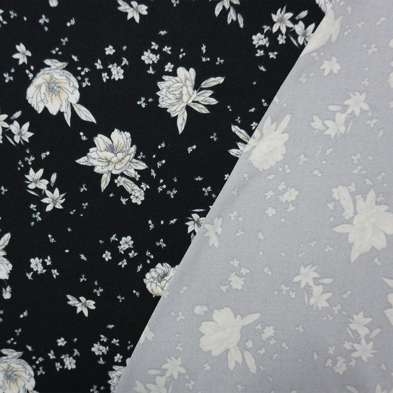 Black-Biege-White Poly Floral Double Brushed Jersey Knit Fabric