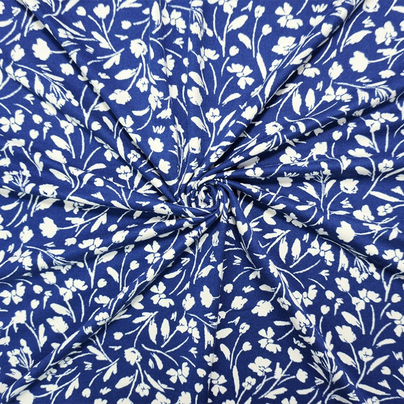 Blue-White Poly Floral Double Brushed Jersey Knit Fabric