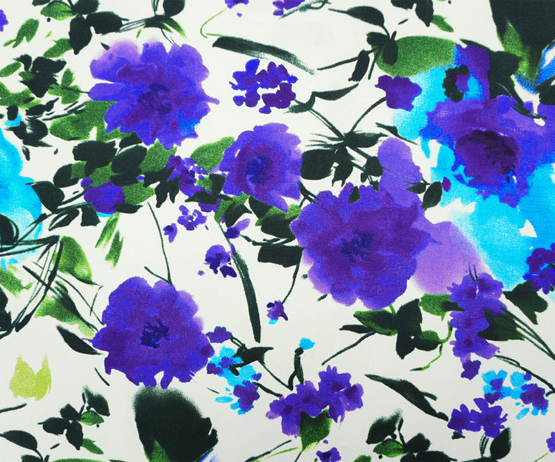 White-Blue-Green Poly Floral Double Brushed Jersey Knit Fabric