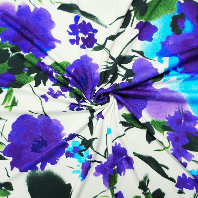 White-Blue-Green Poly Floral Double Brushed Jersey Knit Fabric