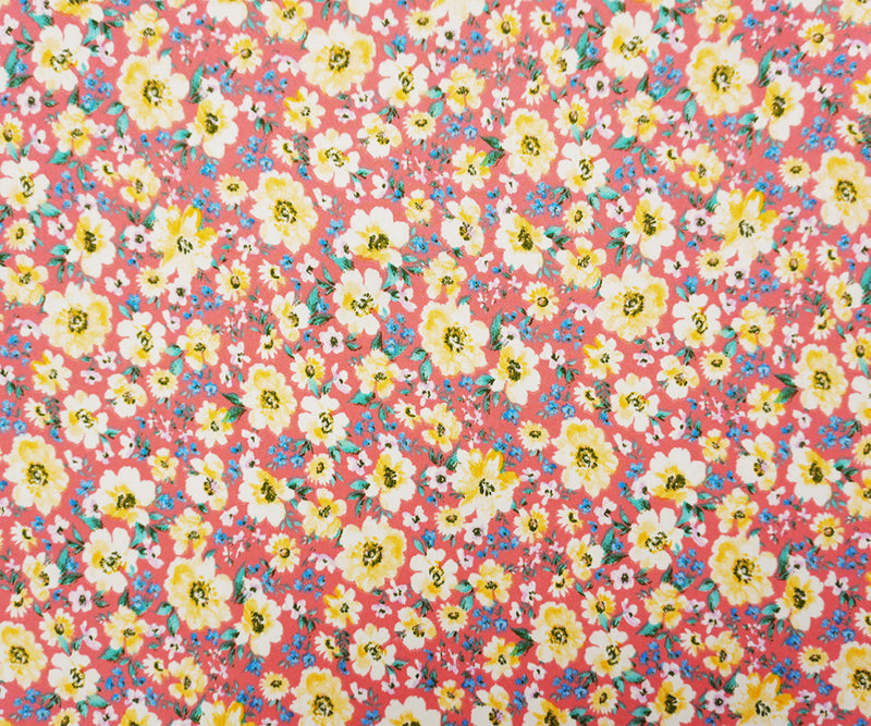 Coral-Yellow-Multi Poly Floral Double Brushed Jersey Knit Fabric