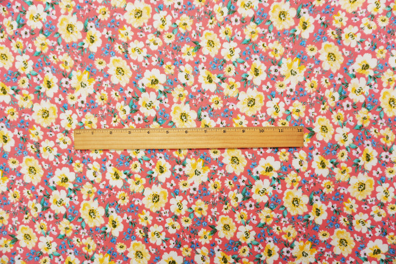 Coral-Yellow-Multi Poly Floral Double Brushed Jersey Knit Fabric