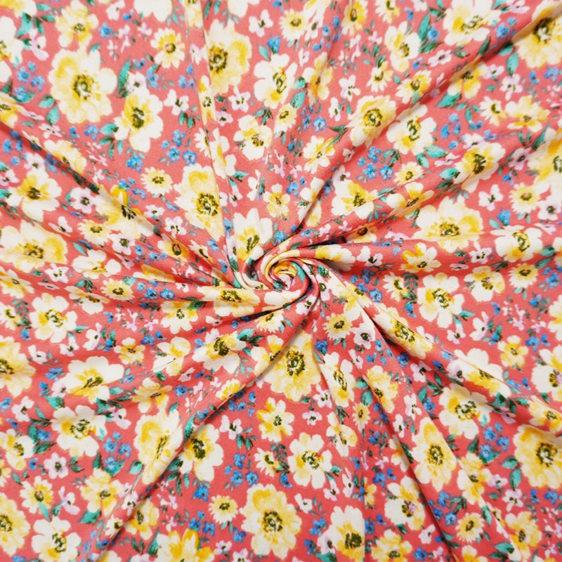 Coral-Yellow-Multi Poly Floral Double Brushed Jersey Knit Fabric