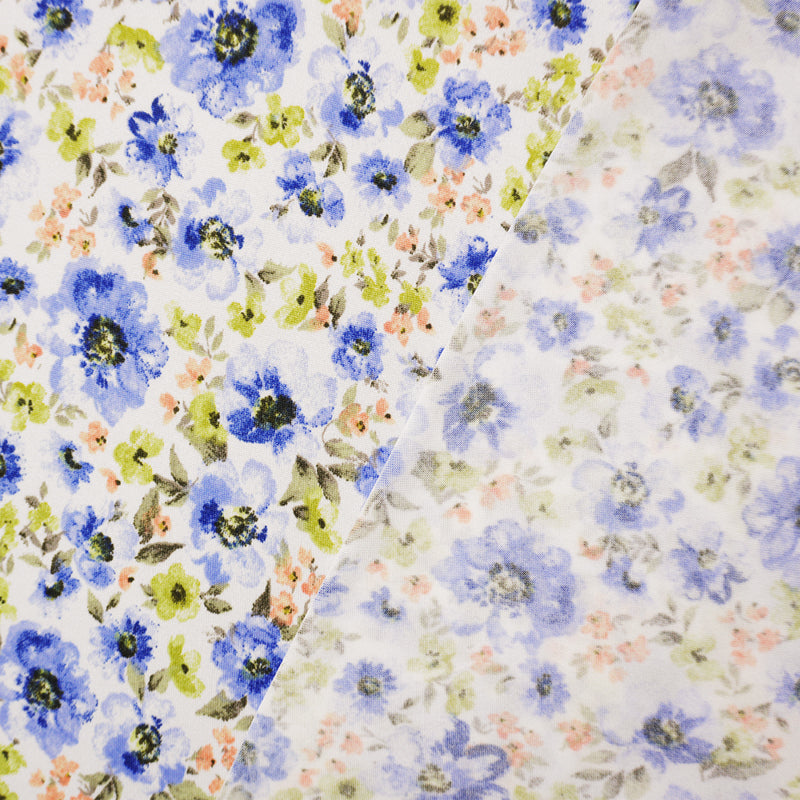 White-Blue-Multi Poly Floral Double Brushed Jersey Knit Fabric