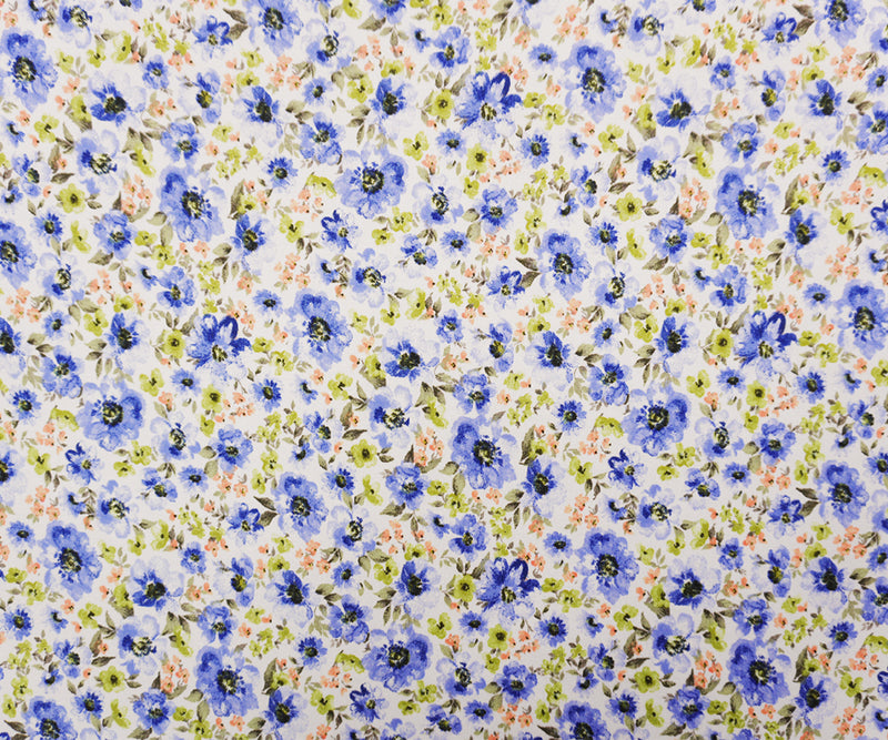 White-Blue-Multi Poly Floral Double Brushed Jersey Knit Fabric
