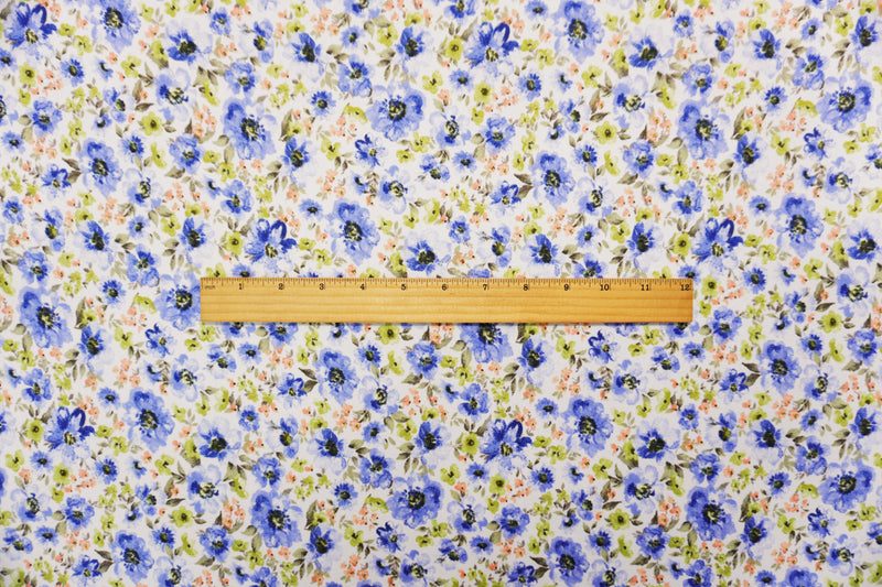White-Blue-Multi Poly Floral Double Brushed Jersey Knit Fabric