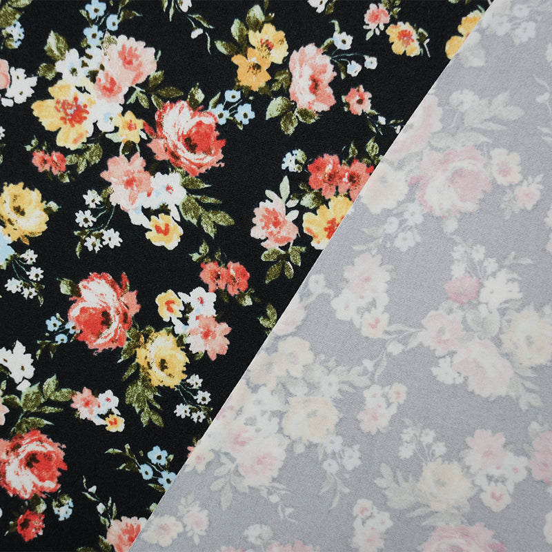 Black-Coral-Yellow Poly Floral Double Brushed Jersey Knit Fabric