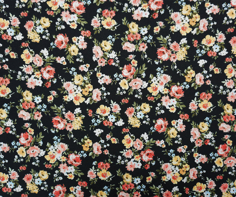 Black-Coral-Yellow Poly Floral Double Brushed Jersey Knit Fabric
