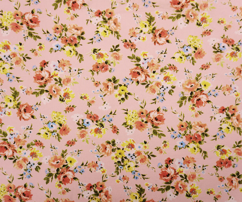 Pink-Coral-Multi Poly Floral Double Brushed Jersey Knit Fabric