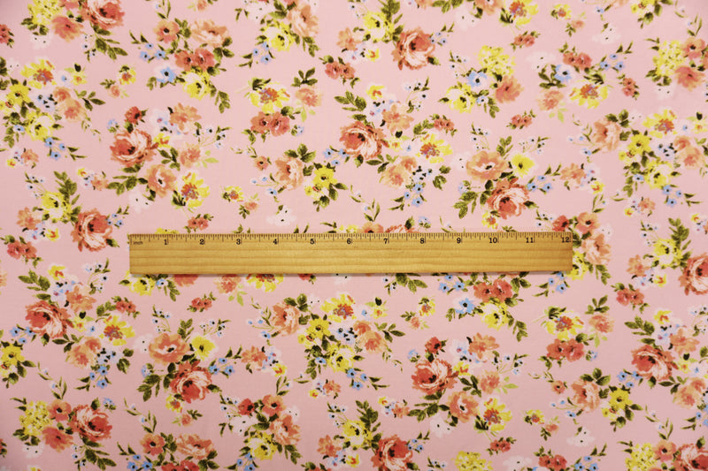Pink-Coral-Multi Poly Floral Double Brushed Jersey Knit Fabric