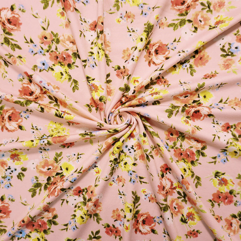 Pink-Coral-Multi Poly Floral Double Brushed Jersey Knit Fabric