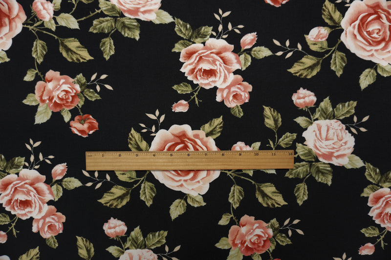Black-Coral-Multi Poly Floral Double Brushed Jersey Knit Fabric