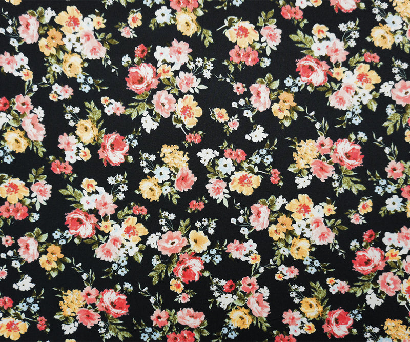Black-Pink-Yellow Poly Floral Double Brushed Jersey Knit Fabric