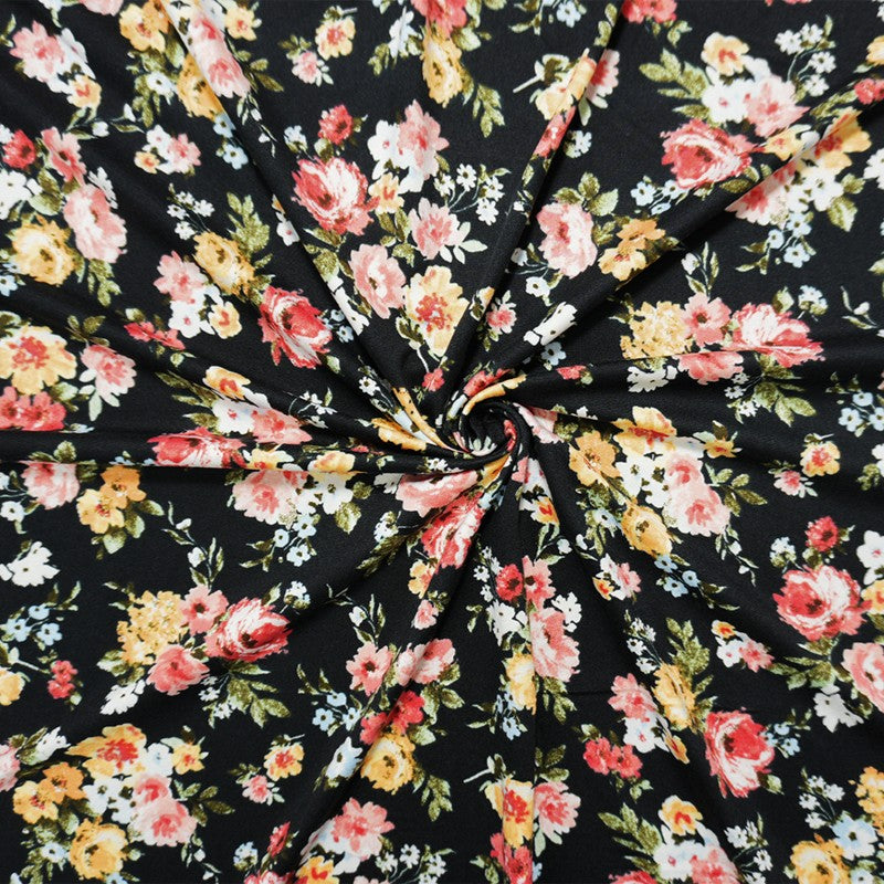 Black-Pink-Yellow Poly Floral Double Brushed Jersey Knit Fabric