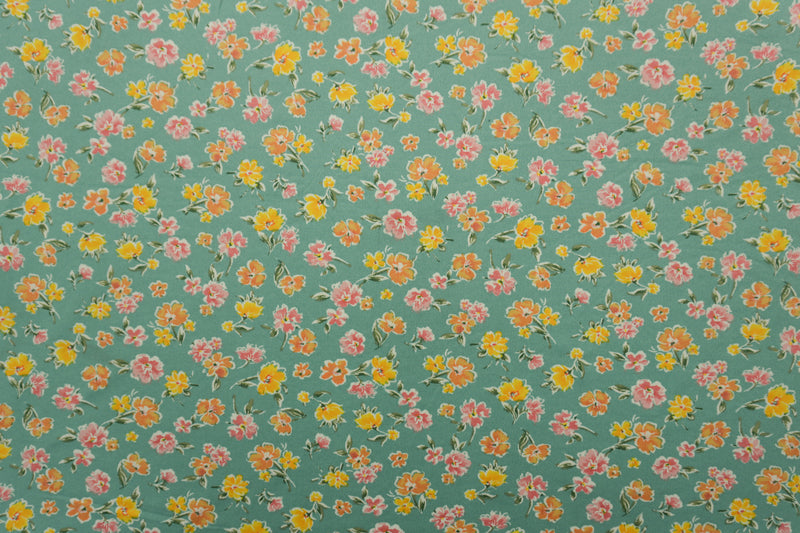 Teal-Yellow-Multi Poly Floral Double Brushed Jersey Knit Fabric