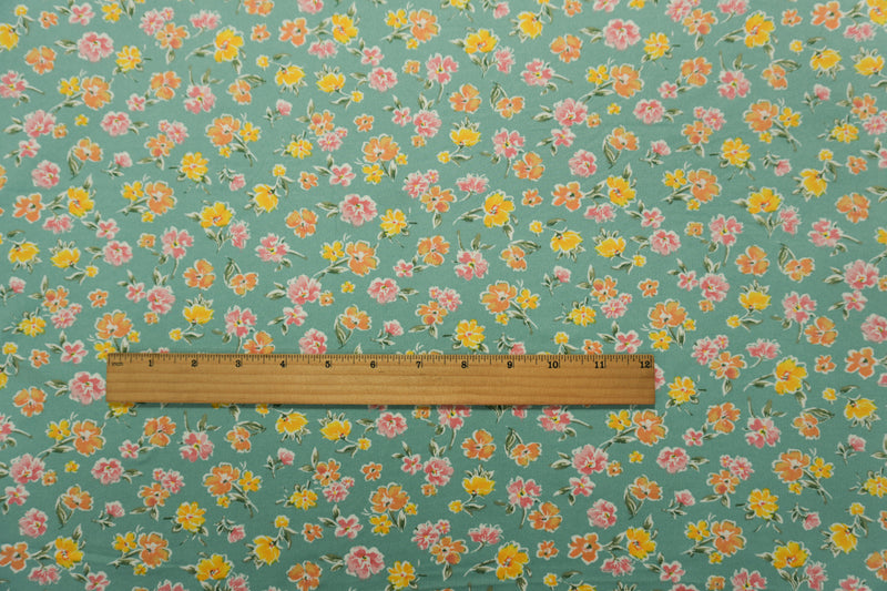 Teal-Yellow-Multi Poly Floral Double Brushed Jersey Knit Fabric