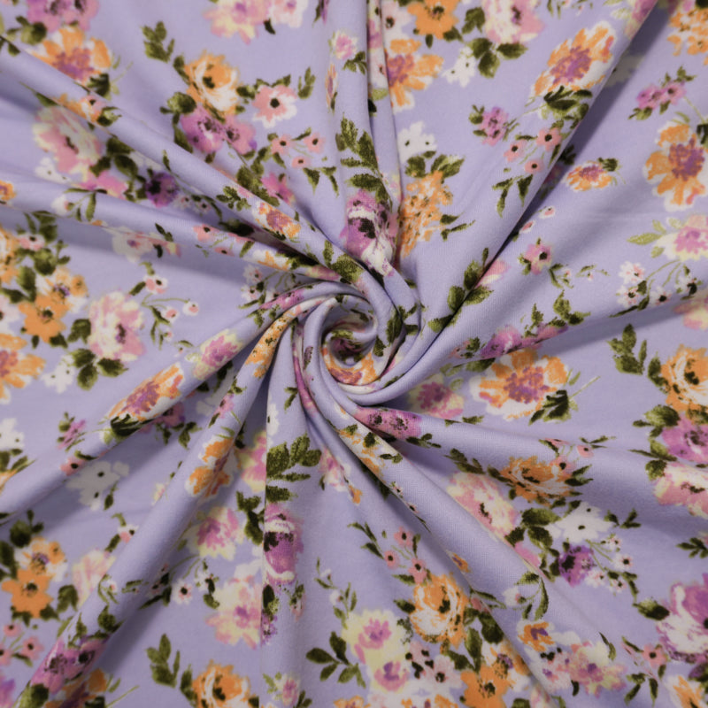 Purple-Pink-Multi Poly Floral Double Brushed Jersey Knit Fabric