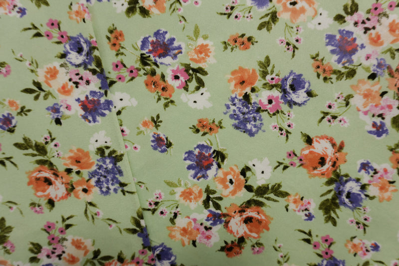 Green-Orange-Multi Poly Floral Double Brushed Jersey Knit Fabric