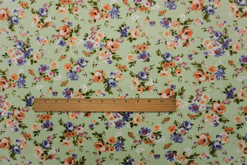Green-Orange-Multi Poly Floral Double Brushed Jersey Knit Fabric