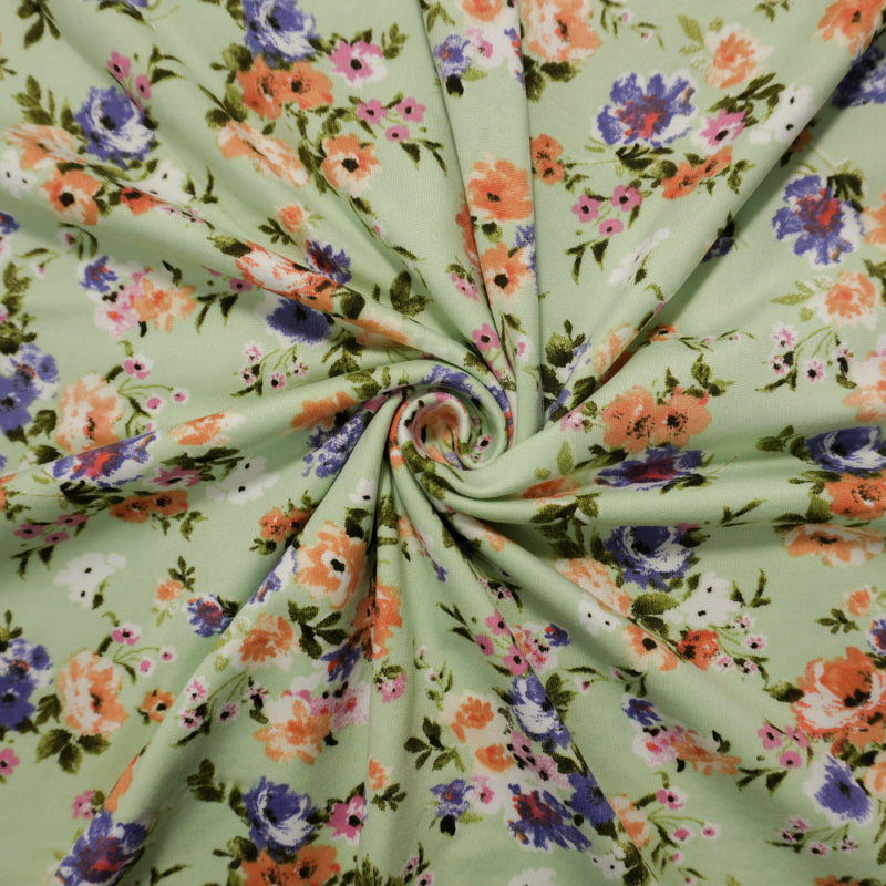 Green-Orange-Multi Poly Floral Double Brushed Jersey Knit Fabric