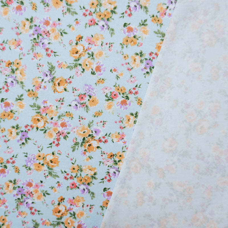 Blue-Orange-Multi Poly Floral Double Brushed Jersey Knit Fabric