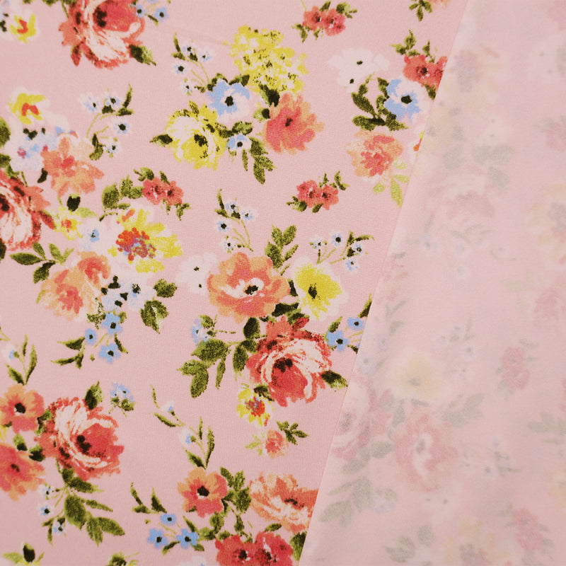 Pink-Coral-Multi Poly Floral Double Brushed Jersey Knit Fabric