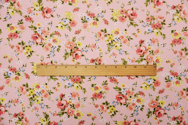 Pink-Coral-Multi Poly Floral Double Brushed Jersey Knit Fabric