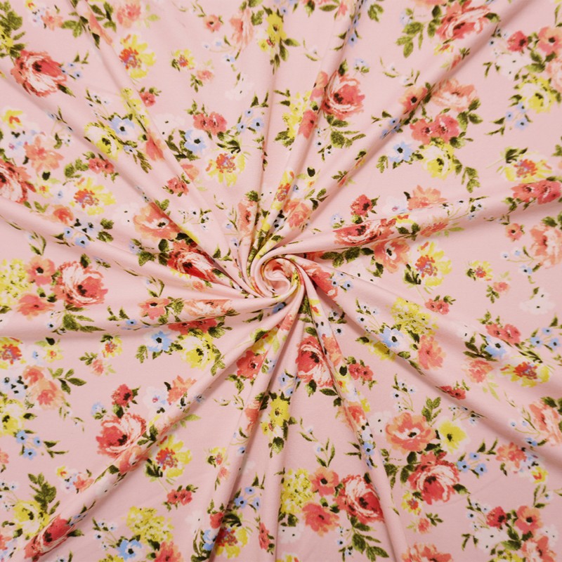 Pink-Coral-Multi Poly Floral Double Brushed Jersey Knit Fabric