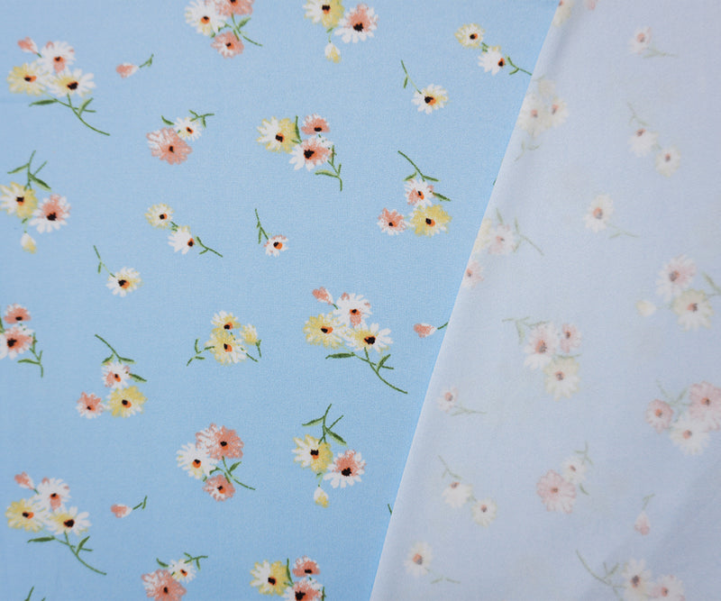 Blue-Yellow-Multi Poly Floral Double Brushed Jersey Knit Fabric