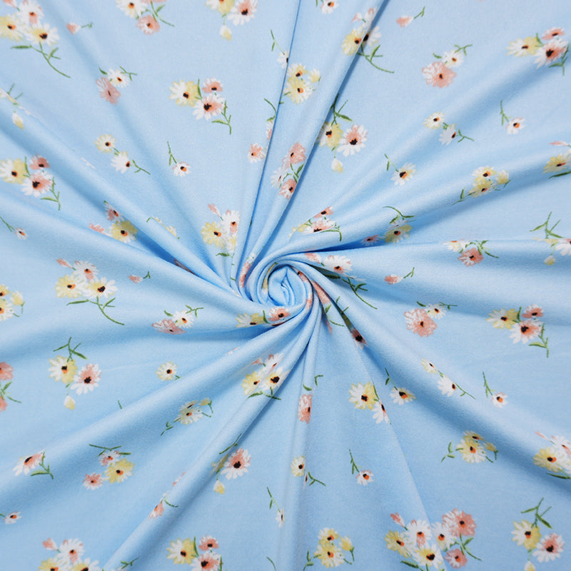 Blue-Yellow-Multi Poly Floral Double Brushed Jersey Knit Fabric