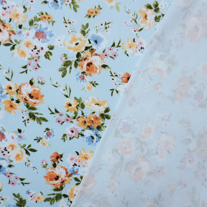 Blue-Orange-Multi Poly Floral Double Brushed Jersey Knit Fabric