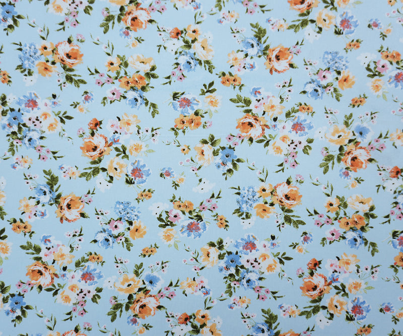 Blue-Orange-Multi Poly Floral Double Brushed Jersey Knit Fabric