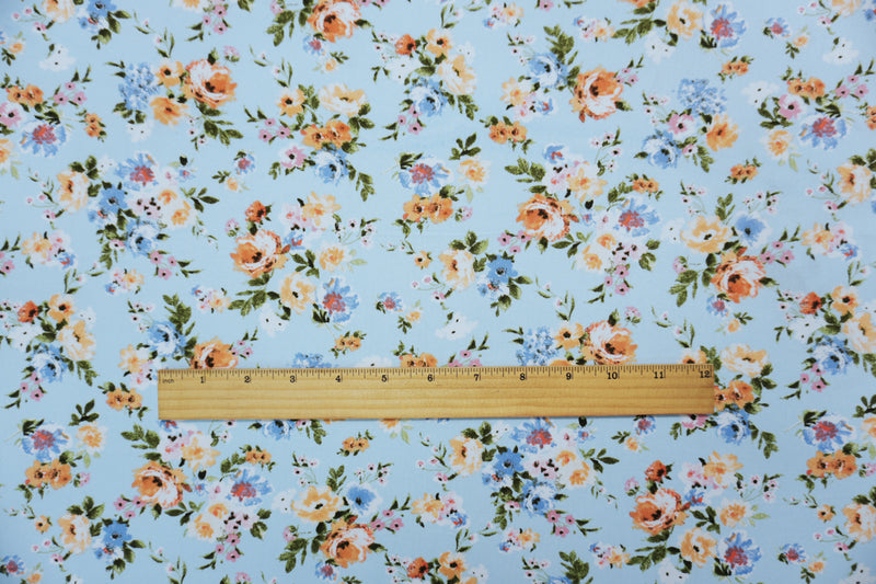 Blue-Orange-Multi Poly Floral Double Brushed Jersey Knit Fabric