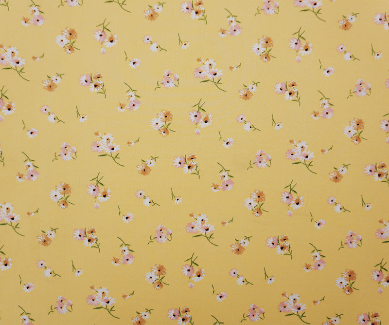 Yellow-Coral-Multi Poly Floral Double Brushed Jersey Knit Fabric