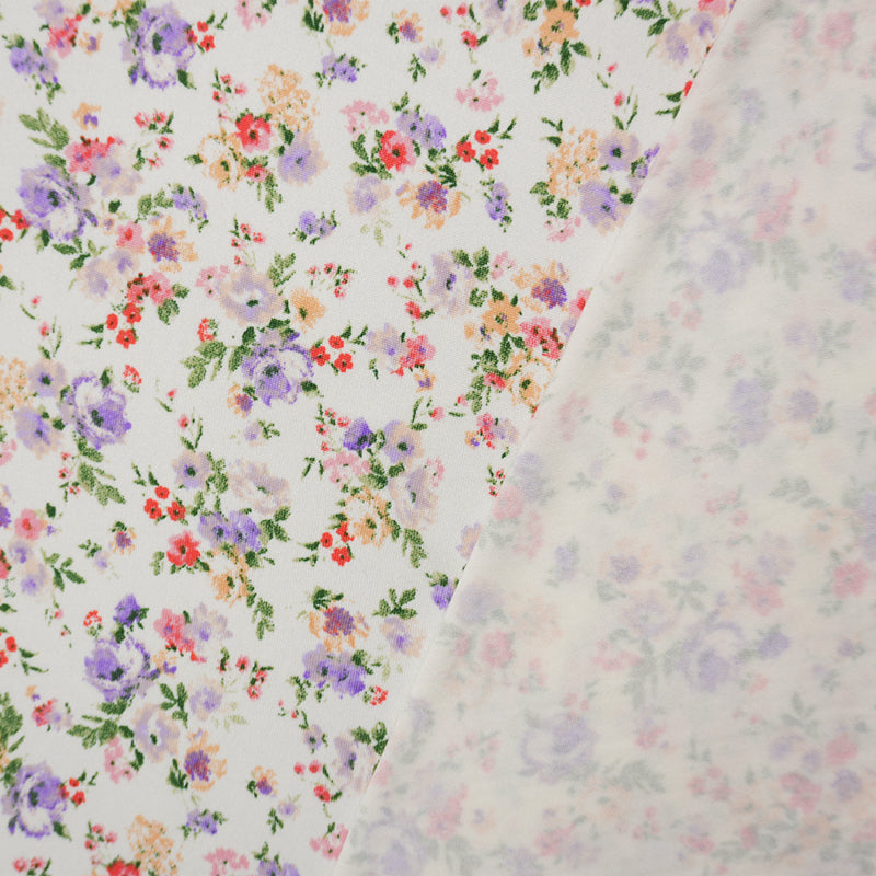Ivory-Purple-Pink Poly Floral Double Brushed Jersey Knit Fabric