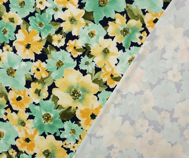 Navy-Teal-Multi Poly Floral Double Brushed Jersey Knit Fabric