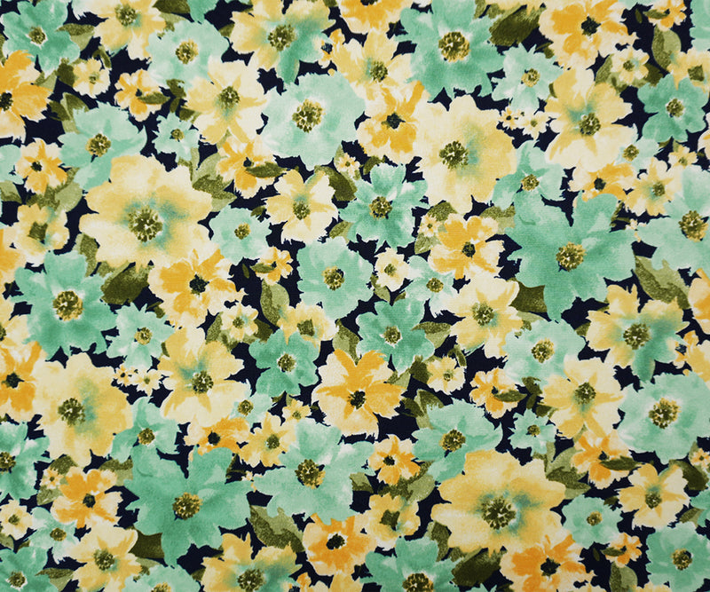 Navy-Teal-Multi Poly Floral Double Brushed Jersey Knit Fabric