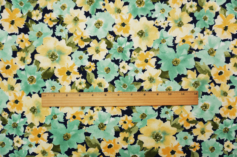 Navy-Teal-Multi Poly Floral Double Brushed Jersey Knit Fabric