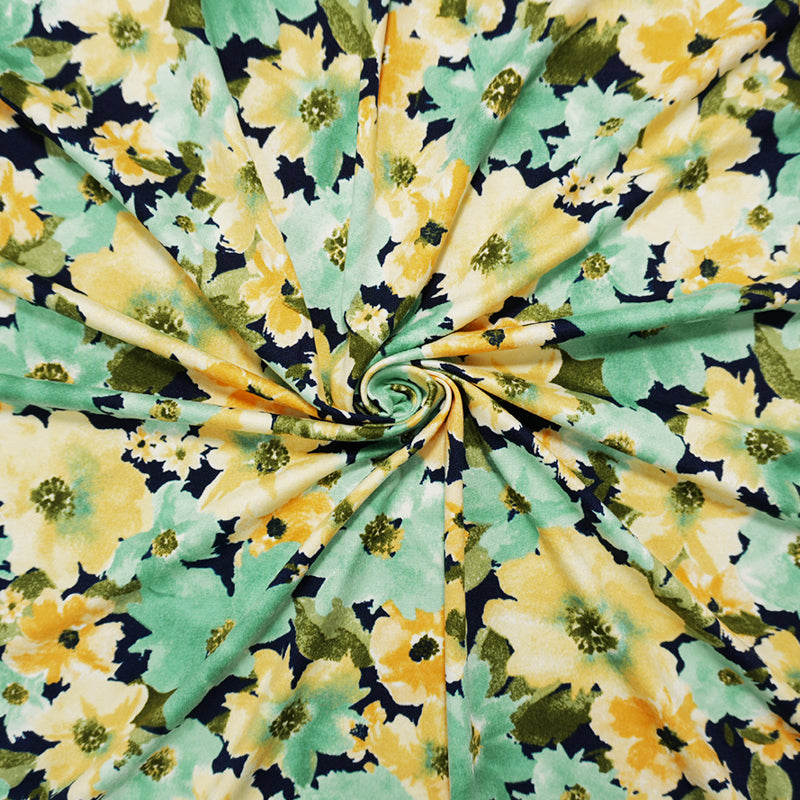 Navy-Teal-Multi Poly Floral Double Brushed Jersey Knit Fabric