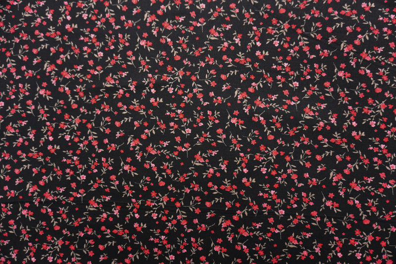 Black-Red Poly Spandex Floral Double Brushed Jersey Knit Fabric