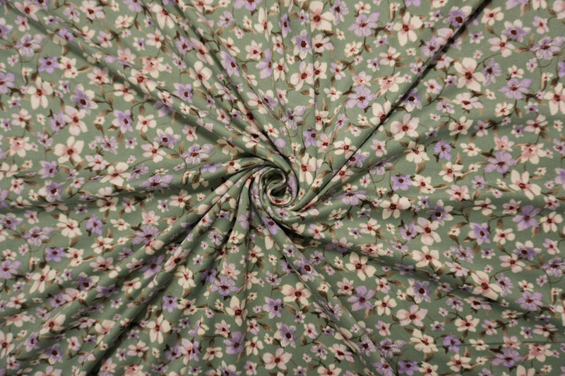 Green-Purple-Multi Poly Floral Double Brushed Jersey Knit Fabric