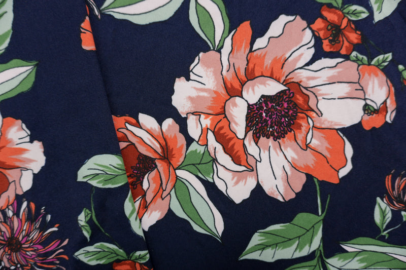 Deep Navy-Orange Poly Floral Double Brushed Jersey Knit Fabric